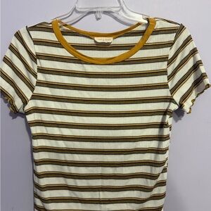 Women's crop top with ruffle sleeves & stripes in yellow, green, brown - size m